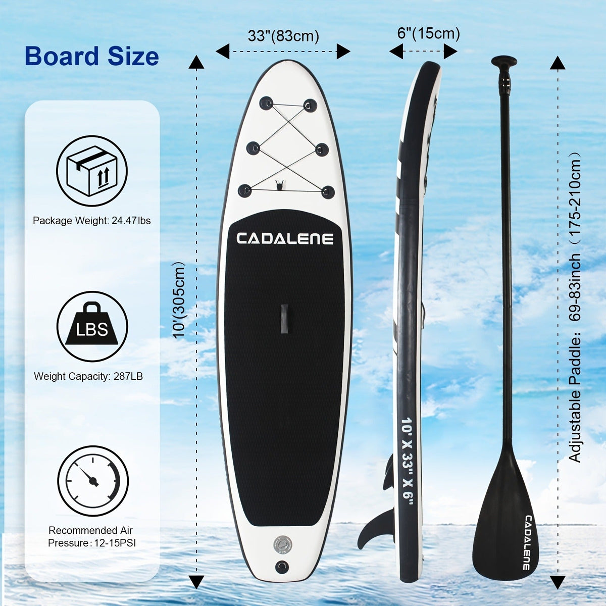 10-Foot by 33-Inch Inflatable Paddle Board Kit with EVA Deck, Three Fins, Paddle, Pump and Backpack