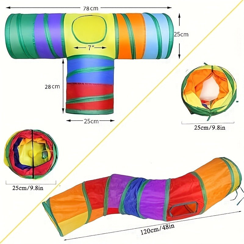 Cat Toy Rainbow Tunnel in S-Shaped or Three-Way Layouts with Peek Holes, Ball and One or Two-Pack Options