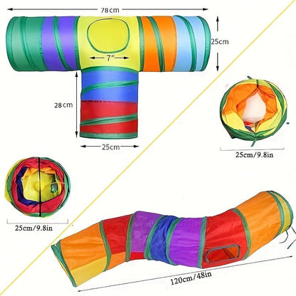 Cat Toy Rainbow Tunnel in S-Shaped or Three-Way Layouts with Peek Holes, Ball and One or Two-Pack Options