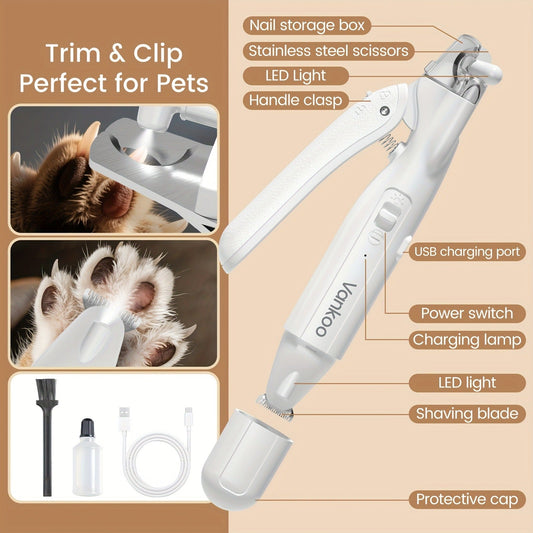 2-in-1 Pet Grooming Clipper with LED Light – Rechargeable Nail Cutter & Paw Hair Trimmer for Dogs & Cats | Precision Trimming for Paws, Face, Ears & Rump | Safe, Quiet & Cordless | White