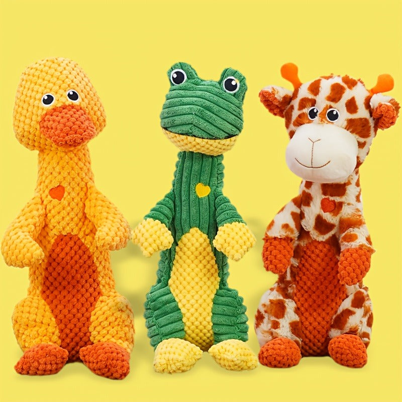 Squeaky Plush Dog Toy with Animal Print - Durable Cartoon Chew Toy for Aggressive Chewers, Interactive Tug of War Toy for All Breeds, Cute Deer & Frog Design Squeaky Dog Gift