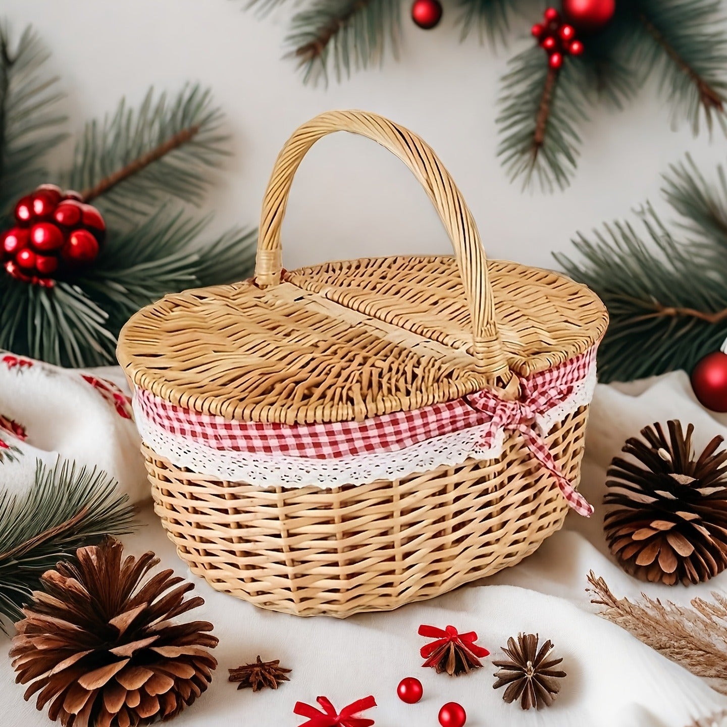 Willow Picnic Hamper Basket with Hinged Lid, Carry Handle and Red Checkered Textile Lining