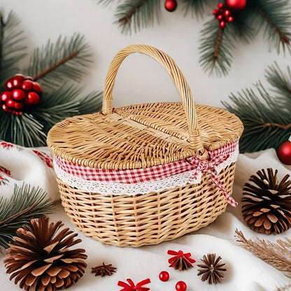 Willow Picnic Hamper Basket with Hinged Lid, Carry Handle and Red Checkered Textile Lining