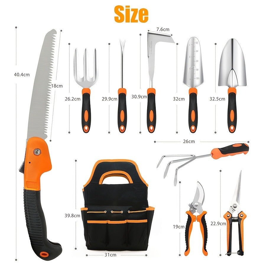 Garden Tool Set 10-Piece | Heavy Duty Stainless Steel Trowel Pruner Rake Weeder with Tote Bag | Ergonomic Non-Slip Grip Gardening Kit Gift for Women Men