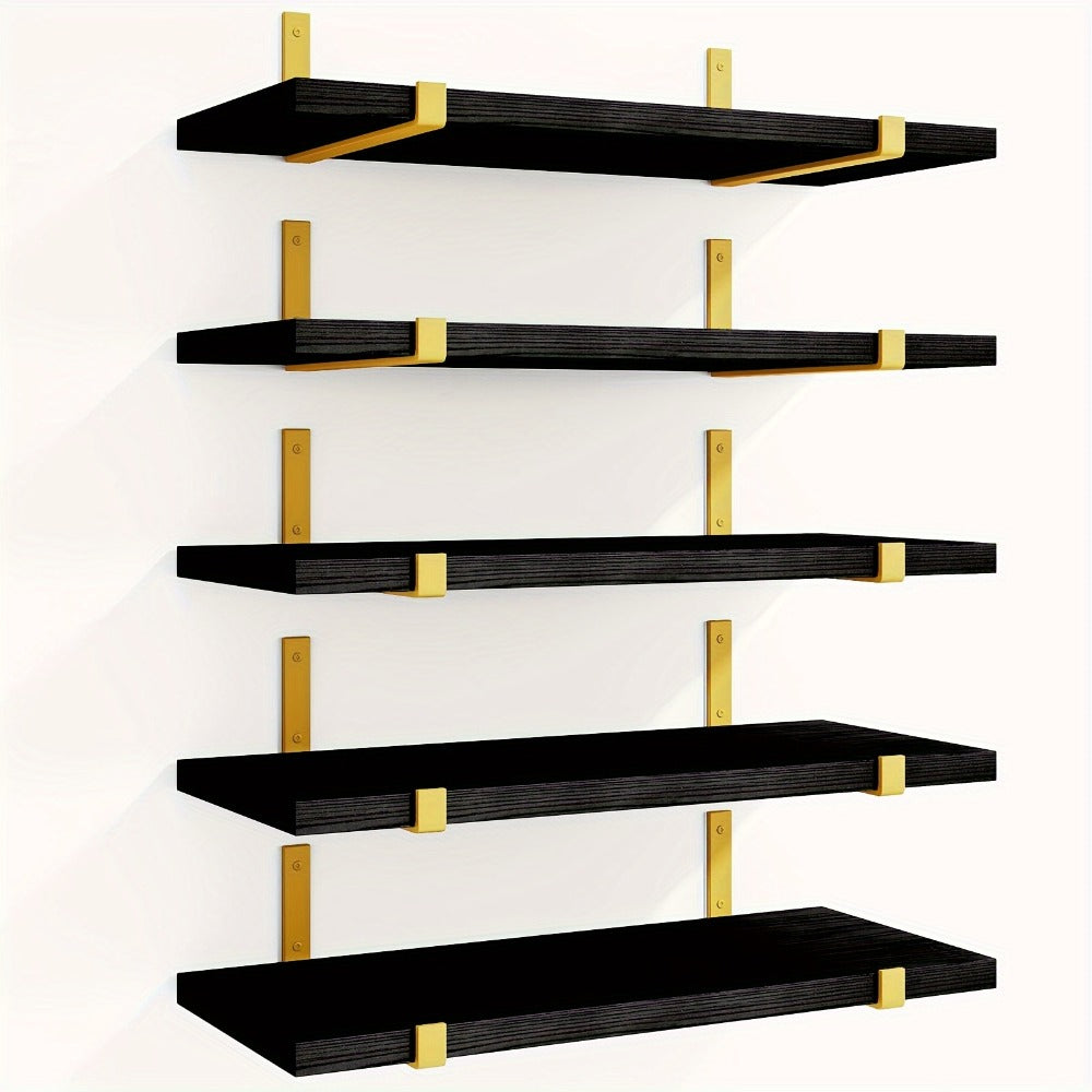 Five-Piece Rustic Floating Shelf Set with Black Metal Brackets in Light Brown, Dark Brown or Black-Gold Finishes
