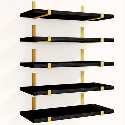 Five-Piece Rustic Floating Shelf Set with Black Metal Brackets in Light Brown, Dark Brown or Black-Gold Finishes