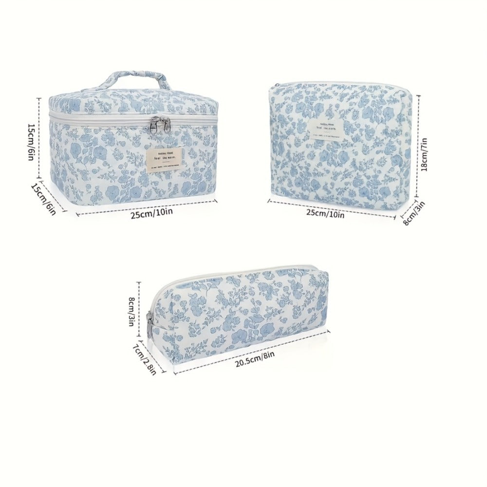 Three-Piece Floral Makeup Bag Set with Carry Handle, Gold-Color Zippers and Four Image-Bound Pattern Options