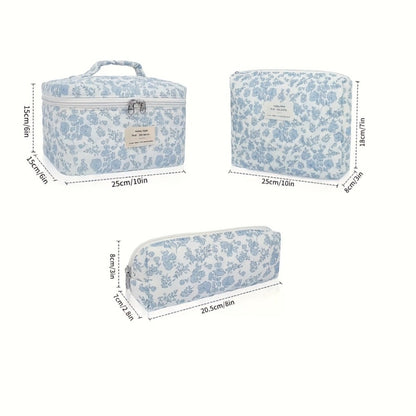 Three-Piece Floral Makeup Bag Set with Carry Handle, Gold-Color Zippers and Four Image-Bound Pattern Options