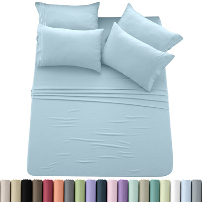 Sheet Set, Six-Piece Brushed Polyester Bedding with 16-Inch Fitted Pocket, Four Pillowcases and Twenty Colors