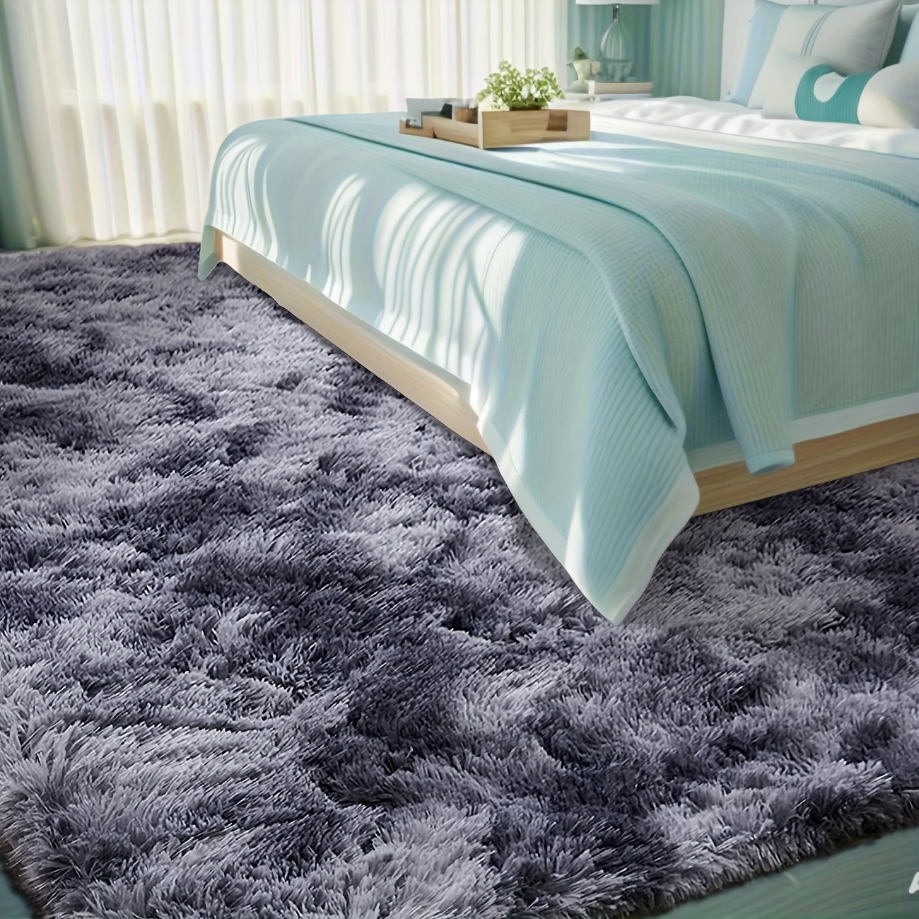 Area Rug Fluffy Faux-Fur Shag in Solid, Tie-Dye and Ombre Colors with Six Retained Room Sizes