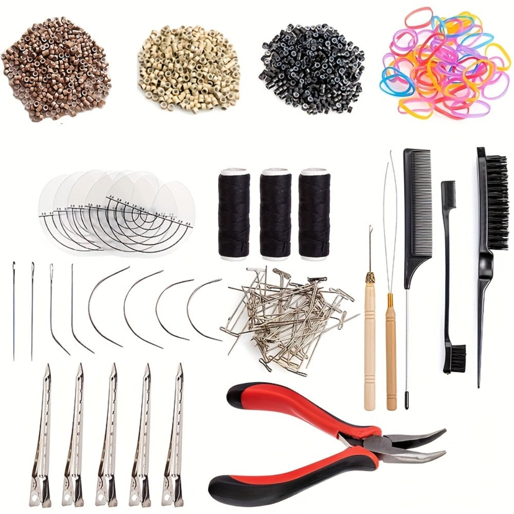 Micro Ring Hair Extension Tool Kit with 1,500 Rings, Pliers, Hooks, Needles, Threader, Bands and Clips