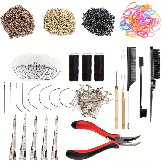 Micro Ring Hair Extension Tools Kit 1500 Rings — Complete Set with Plier, Crochet Hook, Needles, Threader, Rubber Bands, Clips, Heat Shield Guards & Sewing Thread for Salon & DIY Styling