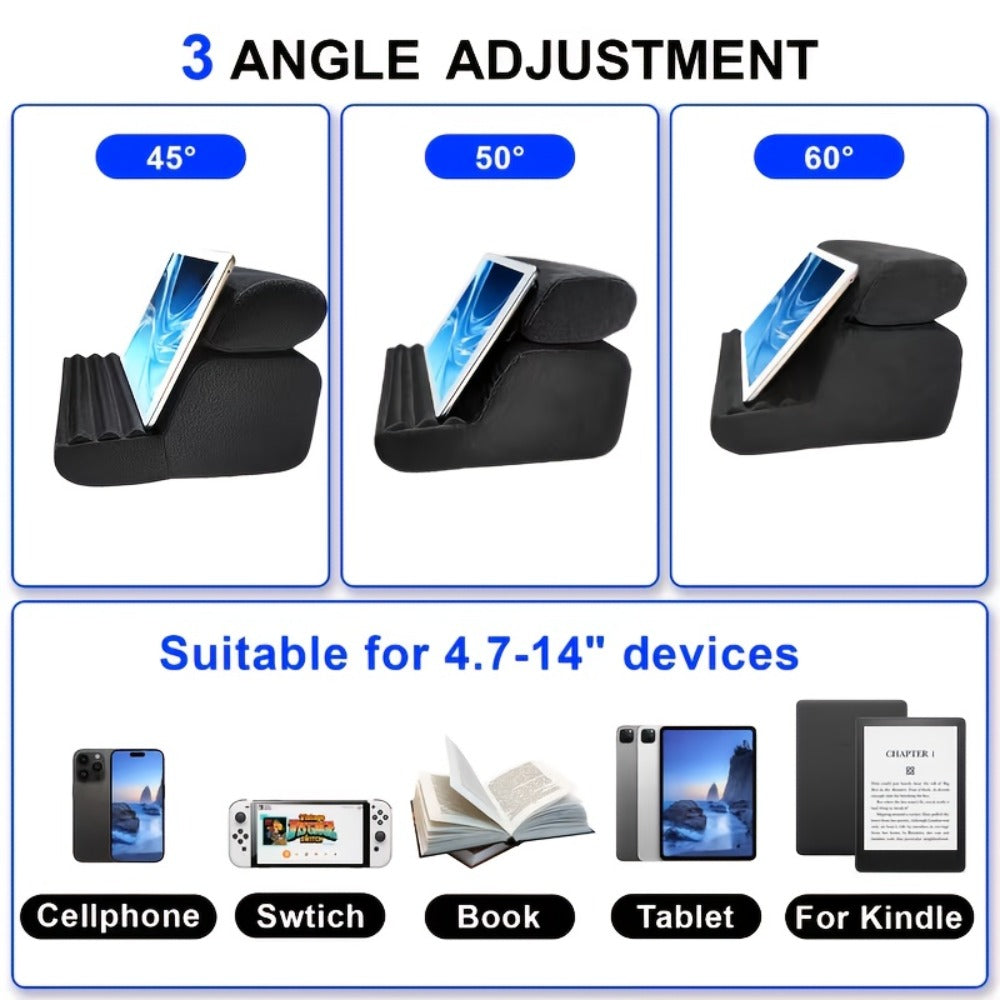 Soft Foldable Tablet Pillow Stand in Black or Blue with Three Viewing Faces, Storage Pockets and 242 × 186 × 290 mm Label