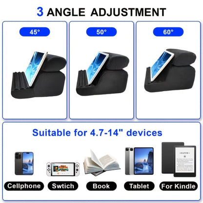 Soft Foldable Tablet Pillow Stand in Black or Blue with Three Viewing Faces, Storage Pockets and 242 × 186 × 290 mm Label