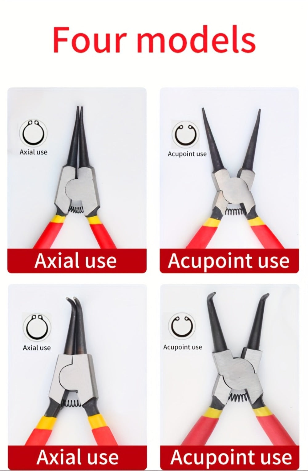 Four-Piece Snap Ring Pliers Set with Straight and Curved Jaws for Internal or External Rings in 7- or 9-Inch Sizes
