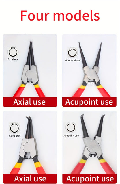 Four-Piece Snap Ring Pliers Set with Straight and Curved Jaws for Internal or External Rings in 7- or 9-Inch Sizes