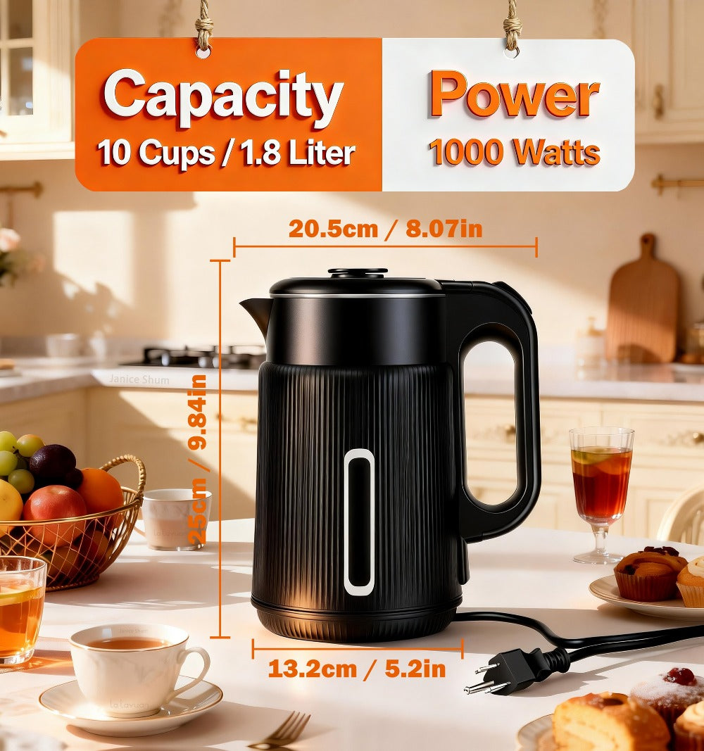 Electric Kettle 1.7L 1000W Double-Wall Stainless Steel with LED Indicator and 360-Degree Base