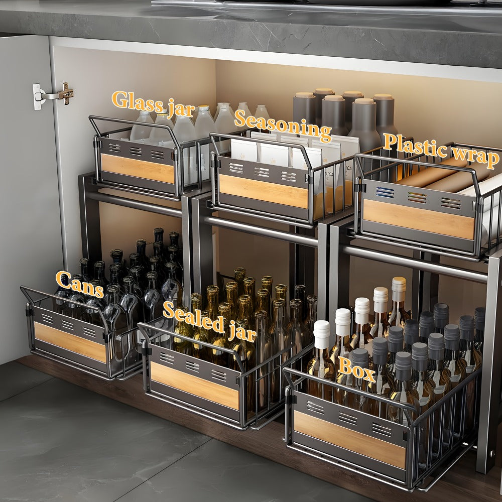 Two-Tier Pull-Out Cabinet Organizer with Dual Wire Baskets, 17.71 x 13.98 x 10.24 Inch Frame in Black or White