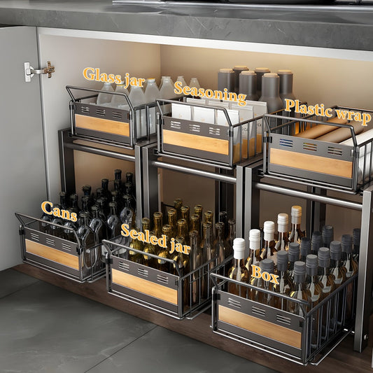 Under Sink Organizer Pull-Out Storage Rack - 2-Tier Carbon Steel Cabinet Shelf with Wire Baskets & Wood Accents, Space-Saving Kitchen Organizer for Dishes, Cleaning Supplies, Pantry, Bathroom