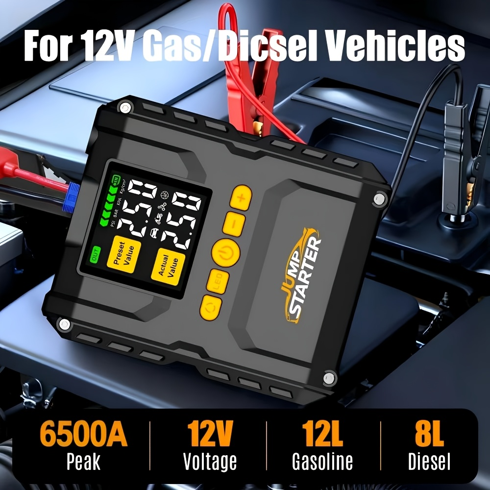 6500A Jump Starter with 150PSI Built-in Air Compressor QC3.0 USB-A USB-C LED Flashlight Smart Safety for 3.17gal Gas 2.11gal Diesel Portable Power Bank