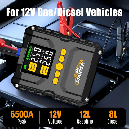 6500A Jump Starter with 150PSI Built-in Air Compressor QC3.0 USB-A USB-C LED Flashlight Smart Safety for 3.17gal Gas 2.11gal Diesel Portable Power Bank