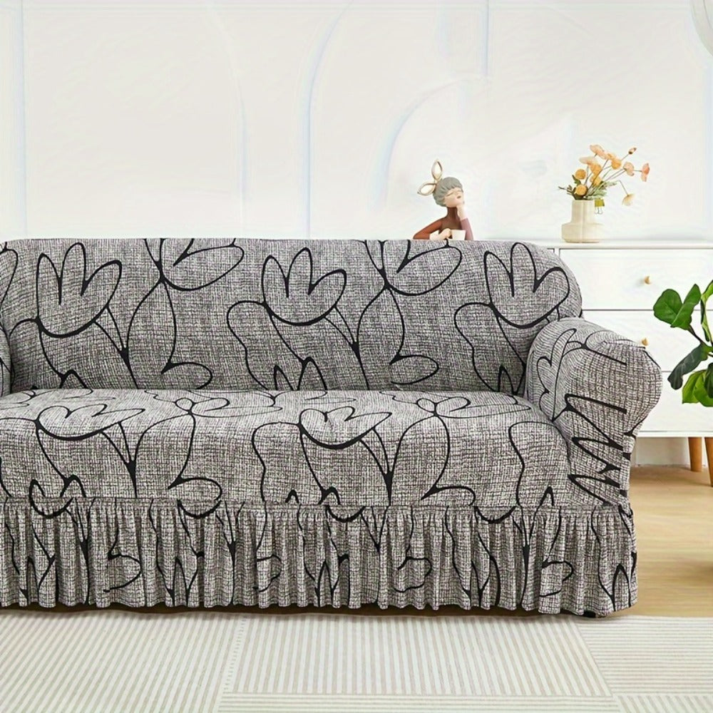 Sofa Cover Gray Printed Skirt Slipcover with Elastic Stretch Fit for 1, 2, 3 or 4-Seater Sofas