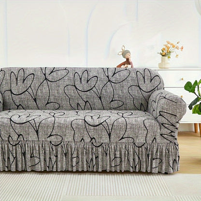 Sofa Cover Gray Printed Skirt Slipcover with Elastic Stretch Fit for 1, 2, 3 or 4-Seater Sofas