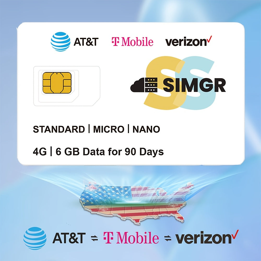 Triple Network SIM Card USA 4G LTE SIMGR AT&T T-Mobile & Verizon Auto-Select – 6GB 90 Days No Contract Data Only for Security Cameras Hotspots GPS Trackers IoT Smartwatches, 1/2/4 Pack