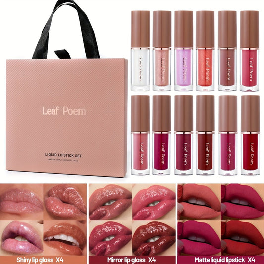 12-Piece Velvet Matte Lipstick Set Mirror Finish Long-Lasting Waterproof High Pigment — Smooth Paste Multi-Shade Lip Makeup Transfer-Resistant All-Day Wear Holiday Gift Set Women