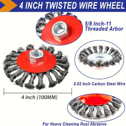 Two-Piece Four-Inch Twisted Wire Cup Brush Set for Angle Grinders, Rust Removal and Weld Cleaning
