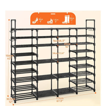 Shoe Rack 4-Row 9-Tier Metal Organizer for Up to 64 Pairs with Modular Black Freestanding Design