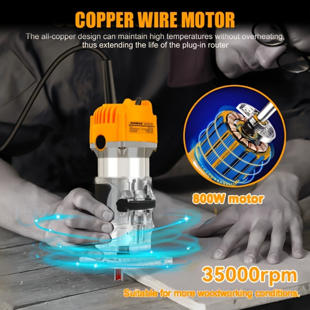 Wood Router 800W 35000 RPM Compact Electric Router Tool | 15-Piece 1/4" Bit Set for DIY Woodworking, Edge Trimming, Slotting, Carving & Contour Processing – Variable Speed Rotary Tool