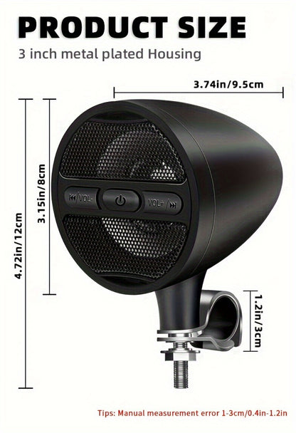 Motorcycle Handlebar Speaker 12V Stereo Audio System with MP3 USB FM Radio Handlebar Mount for Off-Road Dirt Bike ATV Cruiser Waterproof Music Player Black