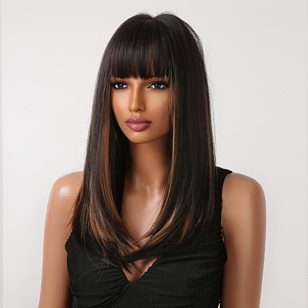 Synthetic Wig 24-Inch Dark Brown Straight Headband Style with Bangs and No-Lace Glueless Cap