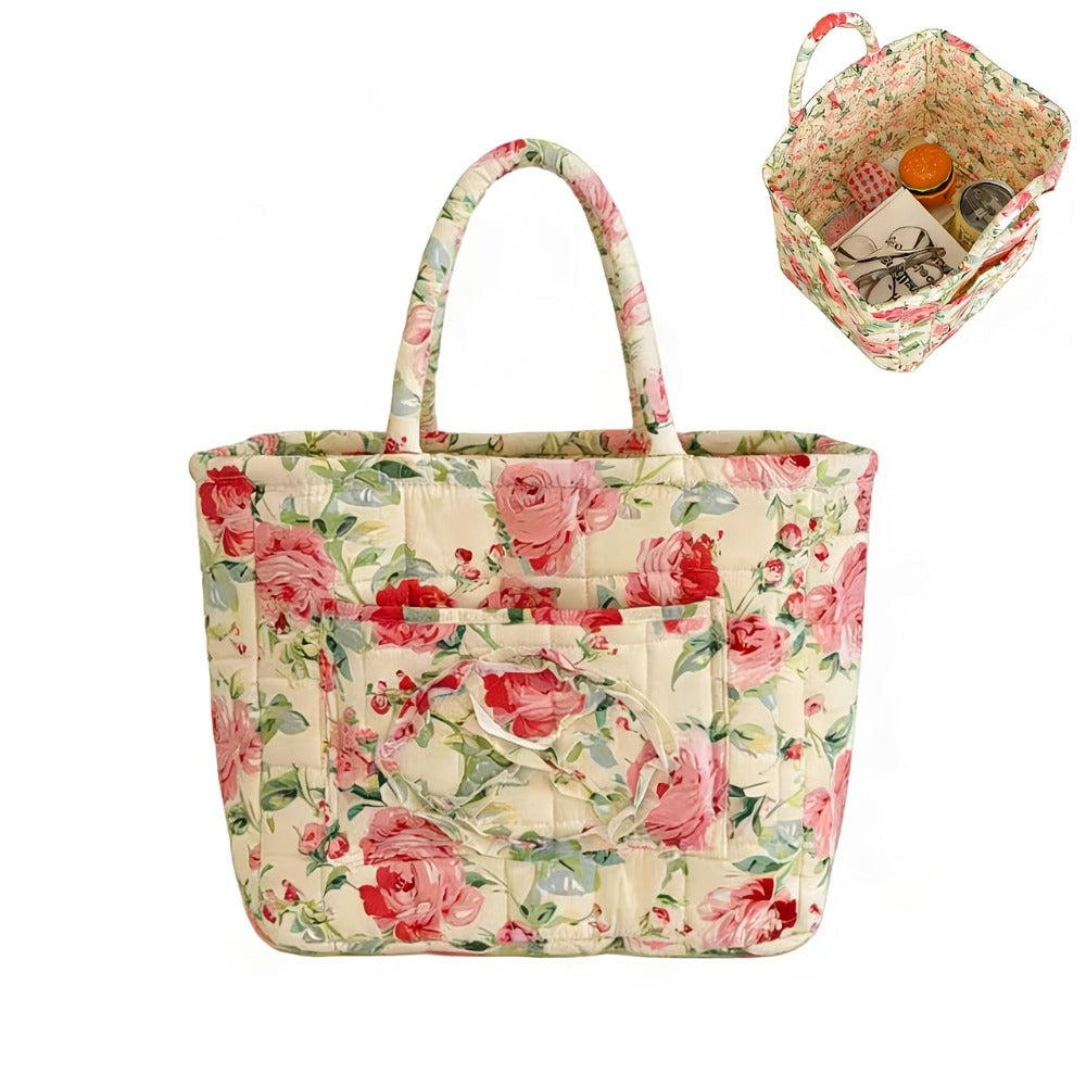 Quilted Floral Carry Storage Basket, Approximately 32 x 26 x 25cm with Two Padded Handles and Seven Patterns