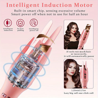 Automatic Curling Iron 32mm Essential Oil Coating – 4 Temperature Settings Anti-Scald Moisturizing Hair Curler with Hairpins & Comb for All Hair Types – Purple