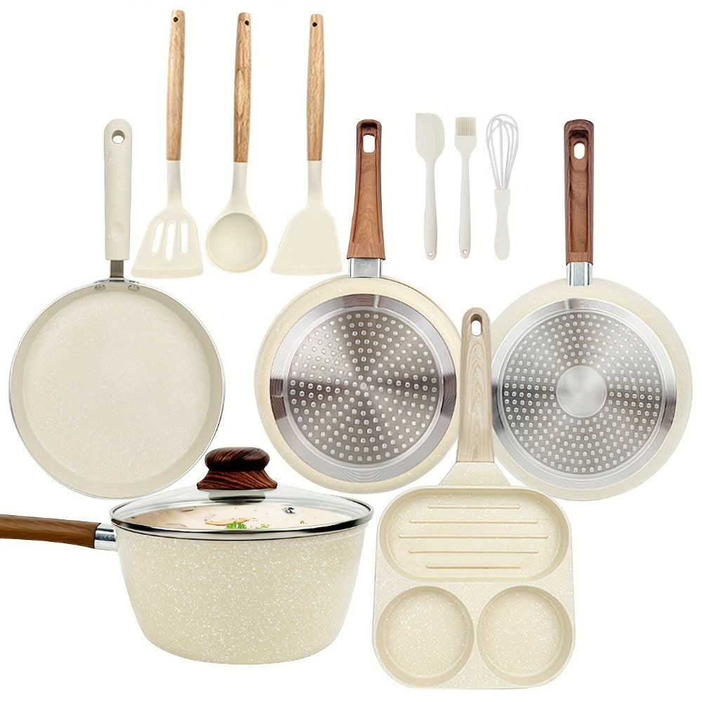 Non-Stick Cookware Set 7 12 & 15 Piece Induction Compatible – Frying Pan Steamer Silicone Spatula & Tongs | Complete Pots and Pans Cooking Set | Perfect Wedding Housewarming Gift for Friends