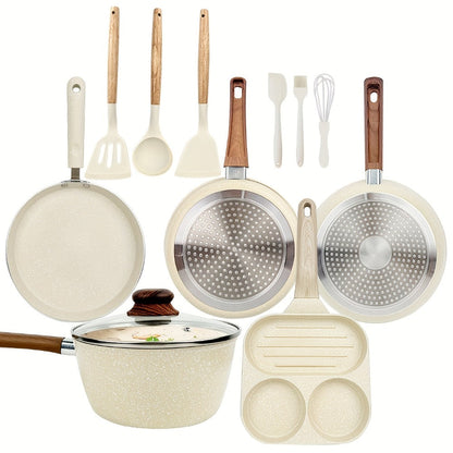 Non-Stick Cookware Set 7 12 & 15 Piece Induction Compatible – Frying Pan Steamer Silicone Spatula & Tongs | Complete Pots and Pans Cooking Set | Perfect Wedding Housewarming Gift for Friends