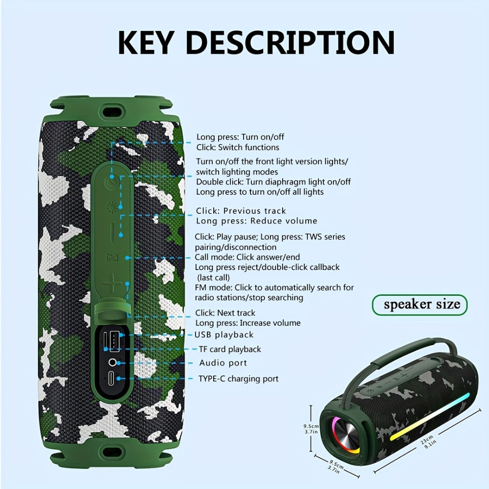 Portable Cylindrical Speaker in Black, Blue or Green with Carry Handle, Dual Light Bars and End-Ring Lighting