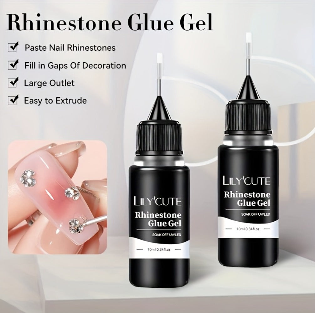 Nail Rhinestone Adhesive Gel 2pcs 0.34oz Clear Sticky Glue for 3D Nail Art Gems Charms Crystals Drill Jewelry - Long Lasting Precision Tip Nail Decoration Glue for Women DIY Home Salon
