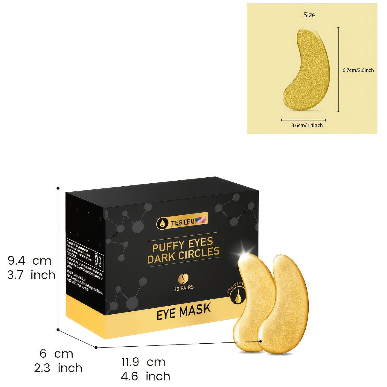 36-Pair Gold-Tone Under-Eye Patch Box with Individual Packs and Collagen, Glycerin and Hyaluronic Acid Wording