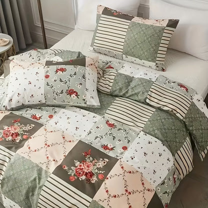 3-Piece Duvet Cover Set with Floral Patchwork Print in Blue, Green or Pink and Four Size Options