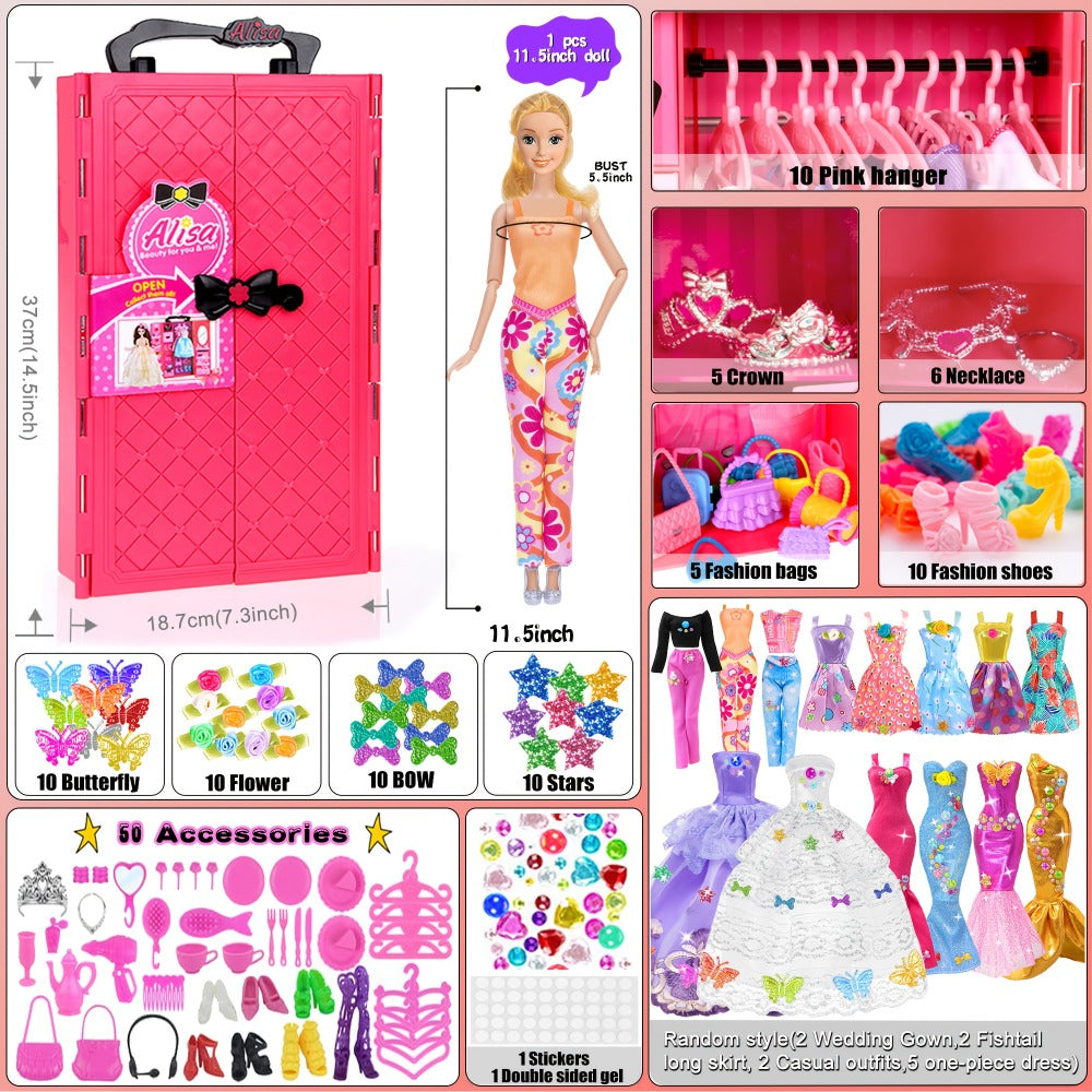 139-Piece Rose Doll Wardrobe and Accessory Case for 11.5-Inch Dolls with Dresses, Shoes and Stickers