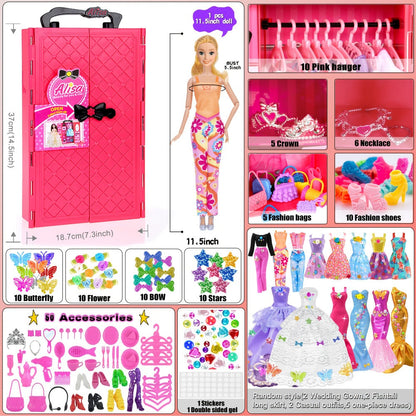 139-Piece Rose Doll Wardrobe and Accessory Case for 11.5-Inch Dolls with Dresses, Shoes and Stickers