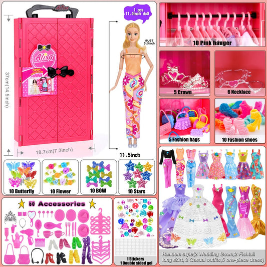 Fashion Doll Closet Wardrobe 139pcs Clothes Accessories Playset for 11.5 Inch Dolls – Princess Mermaid Dresses Shoes Hangers Handbags DIY Stickers Creative Gift for Girls Ages 3+ Birthday Christmas