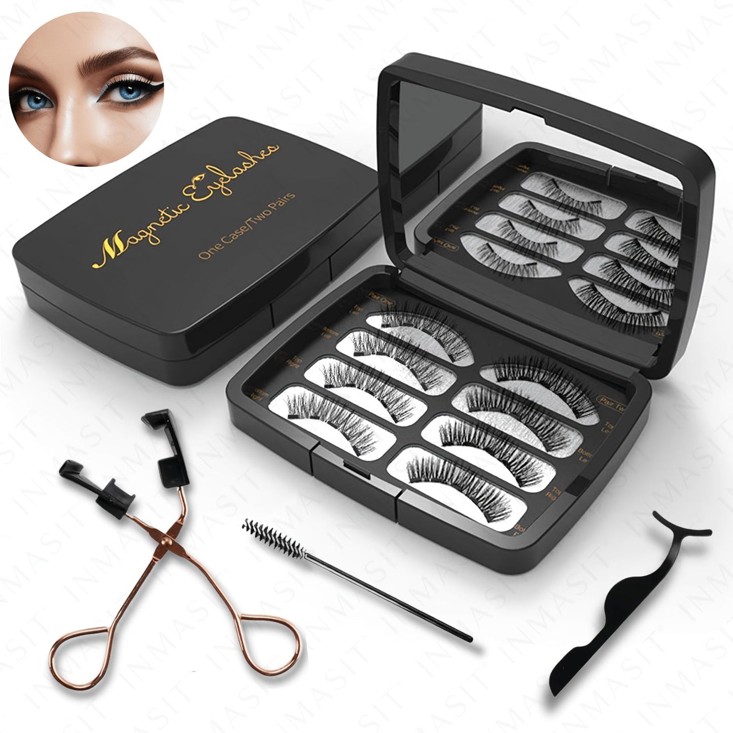 Eight-Piece Black Magnetic False Eyelash Kit with Rectangular Case, Applicator, Tweezers and Brush