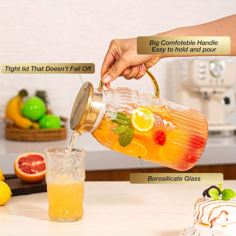 Embossed 68-Ounce Glass Pitcher with Golden-Tone Handle and Lid in One- or Two-Piece Packs
