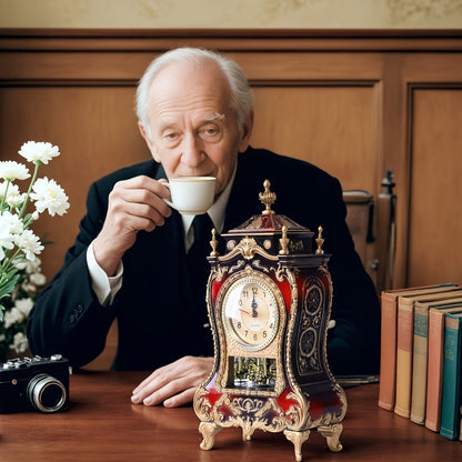 Ornate Brown-Red Tabletop Alarm Clock with Analog Dial, Decorative Pendulum Window and 14-Inch Height