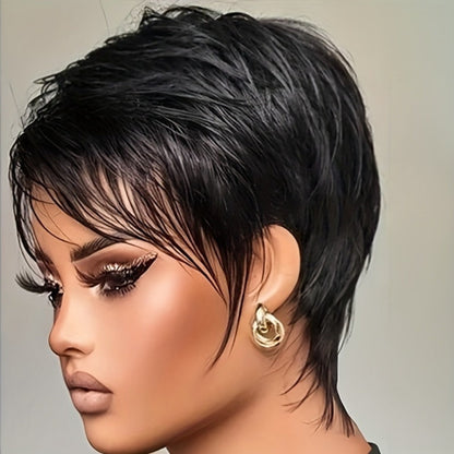 Brazilian Remy Human Hair Pixie Cut Wig with Bangs 6 Inch Short Layered 150% Density Glueless Rose Net Cap Natural Black African Hair Compatible Women Men Daily Wear