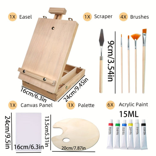 Plein Air Painting Set 14 Piece – Portable Sketch Box with Adjustable Wooden Tabletop Easel Paint Canvas Tray 4 Brushes & Palette Knife | Complete Outdoor Art Kit for Artists Adults Beginners